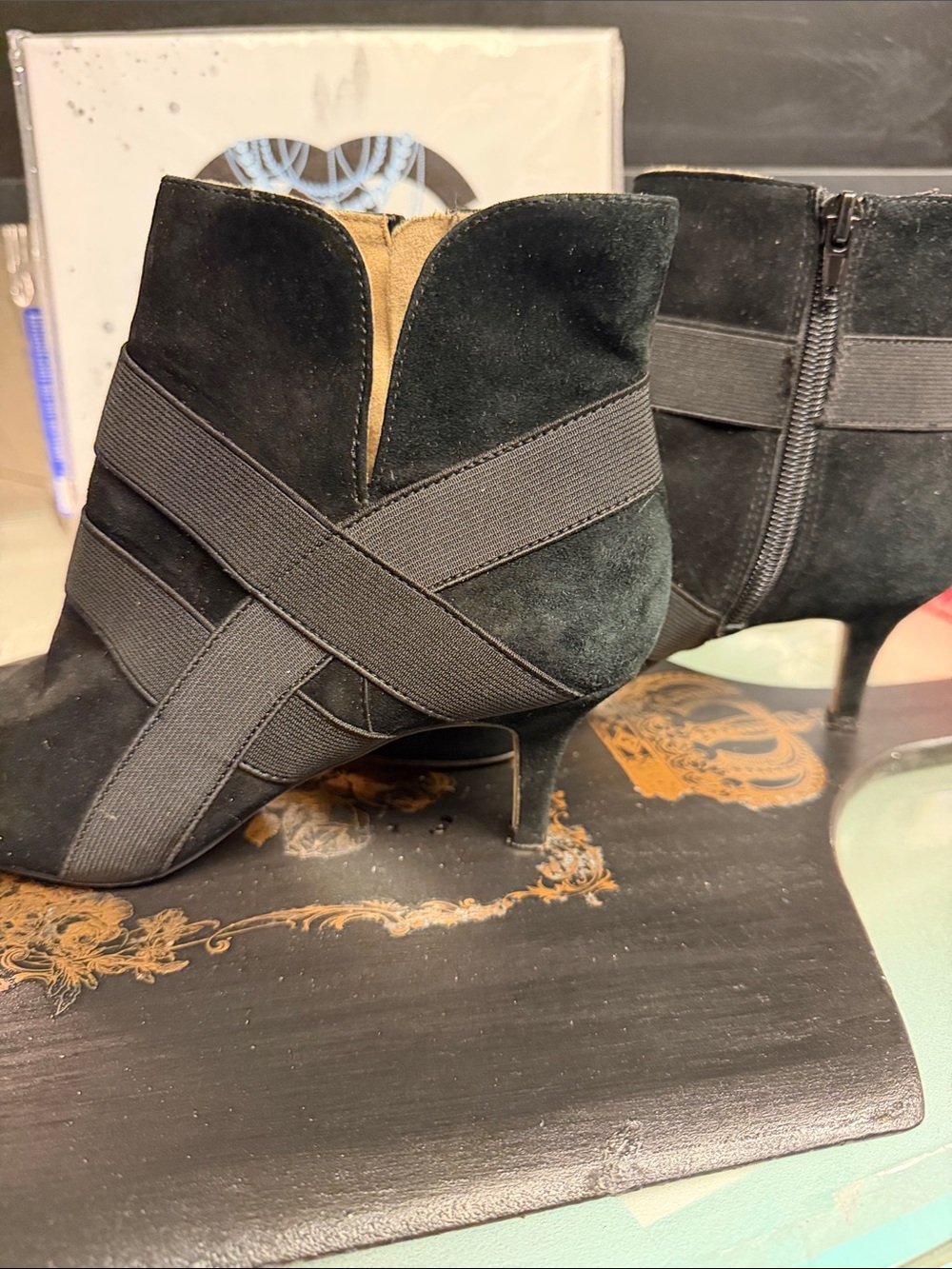 G.I.L.I. Black Suede Pointed Toe Ankle Boots with Elastic Straps